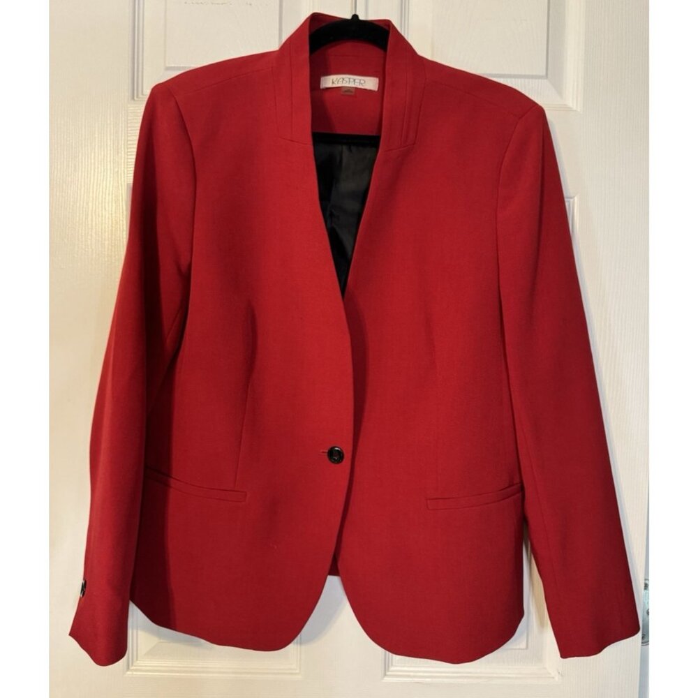 Kasper Suit Jacket Blazer 14 Red Classic 1 Button Stretch Office Career - Picture 5 of 13